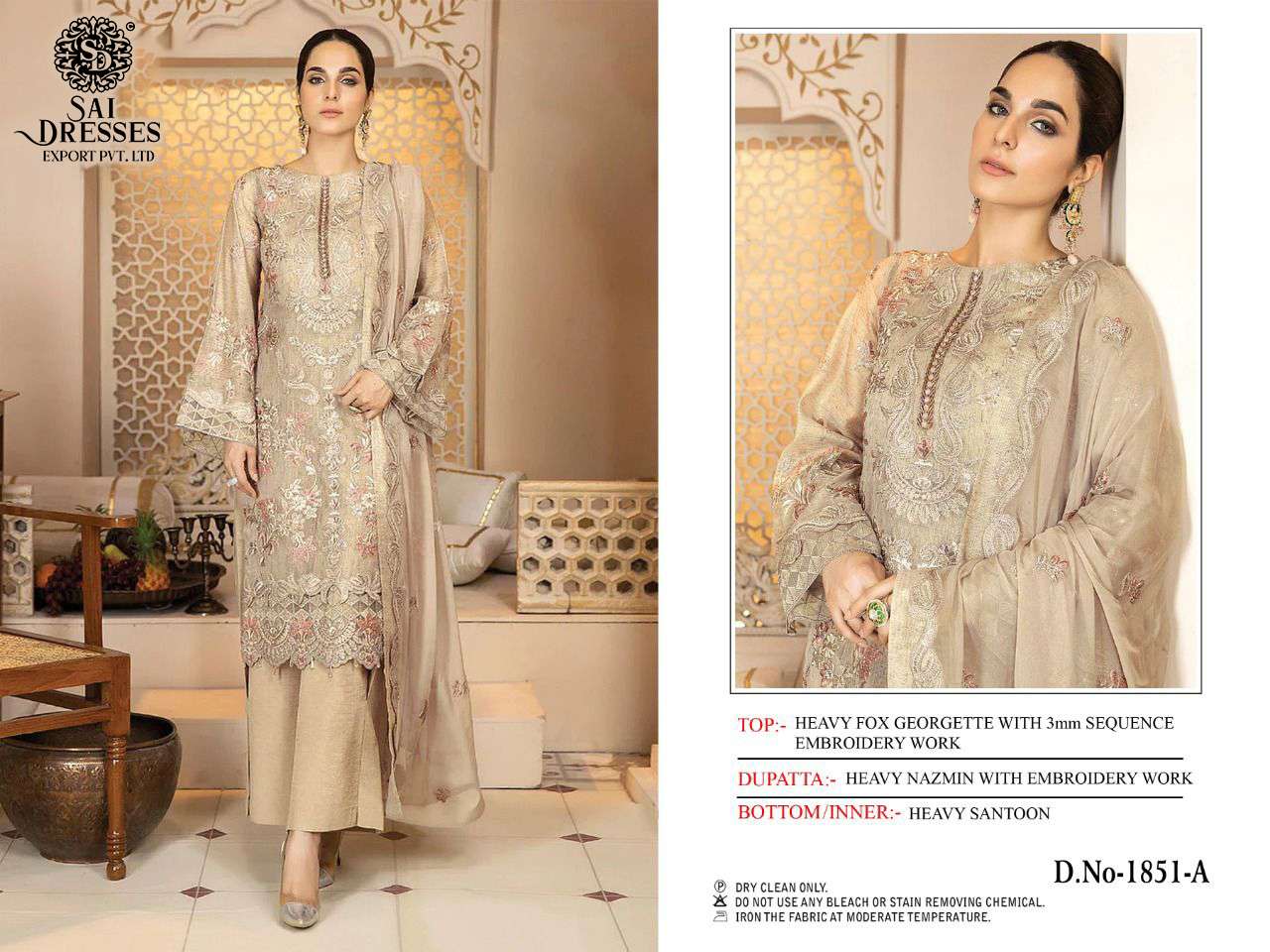 SAI DRESSES PRESENT D.NO 1851 A TO 1851 D PARTY WEAR EMBROIDERED PAKISTANI DESIGNER SUITS IN WHOLESALE RATE IN SURAT