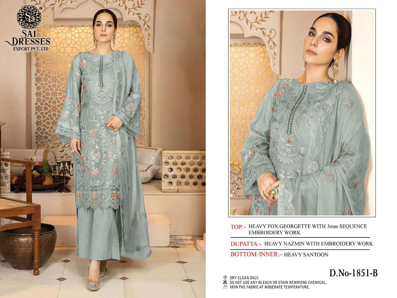 SAI DRESSES PRESENT D.NO 1851 A TO 1851 D PARTY WEAR EMBROIDERED PAKISTANI DESIGNER SUITS IN WHOLESALE RATE IN SURAT