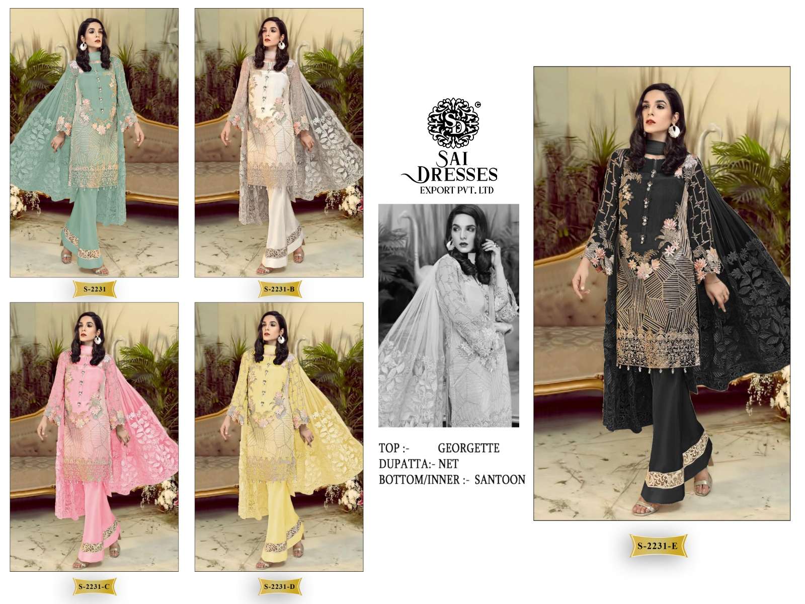 SAI DRESSES PRESENT D.NO S - 2231 TO S - 2231 E DESIGNER PAKISTANI COLLECTION IN WHOLESALE RATE IN SURAT