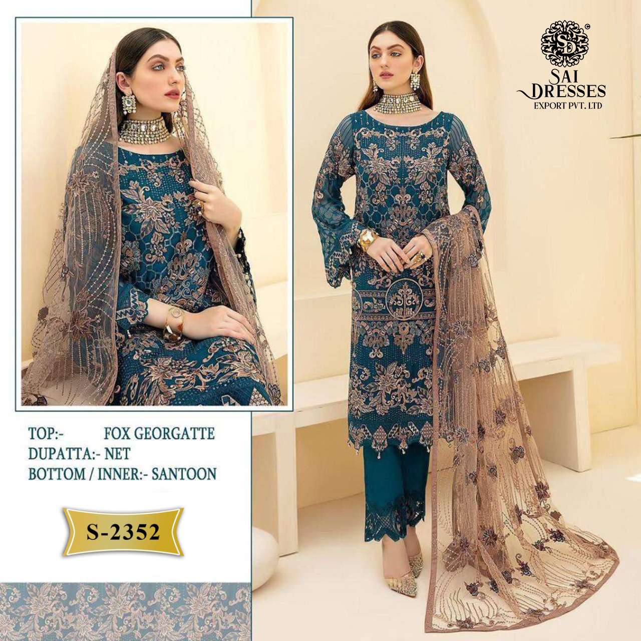  SAI DRESSES PRESENT D.NO S - 2352 TO S - 2352 B SEMI STITCHED PAKISTANI DESIGNER SALWAR SUITS IN WHOLESALE RATE IN SURAT