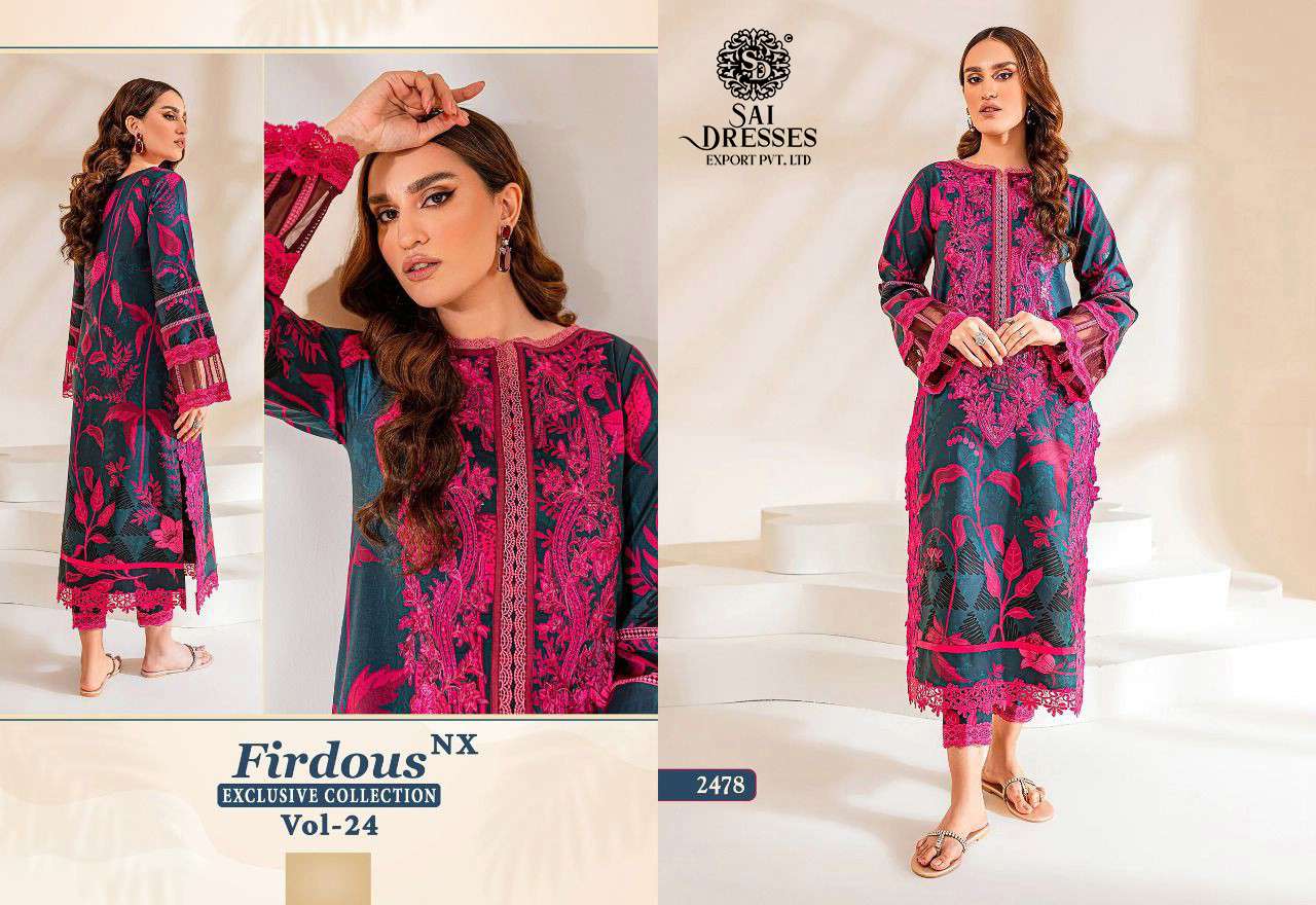 SAI DRESSES PRESENT FIRDOUS EXCLUSIVE COLLECTION NX VOL 24 PURE COTTON PRINTED PAKISTANI DESIGNER SUITS IN WHOLESALE RATE IN SURAT