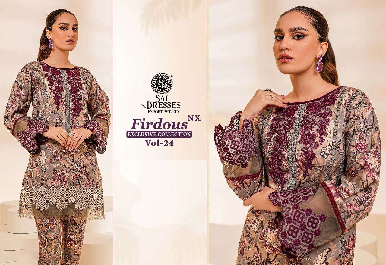 SAI DRESSES PRESENT FIRDOUS EXCLUSIVE COLLECTION NX VOL 24 PURE COTTON PRINTED PAKISTANI DESIGNER SUITS IN WHOLESALE RATE IN SURAT