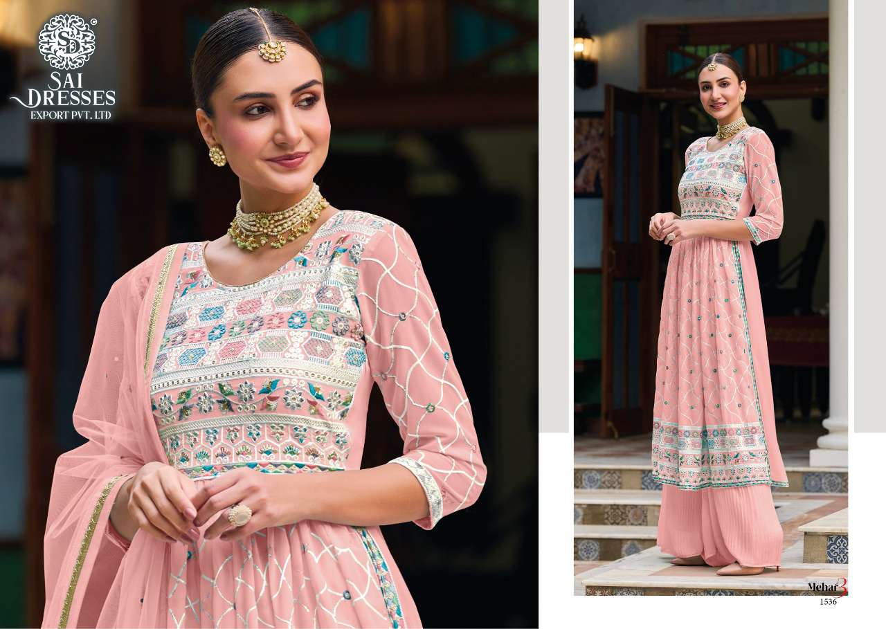 SAI DRESSES PRESENT MEHAR VOL 3 READYMADE PLAZO STYLE NAIRA CUT DESIGNER 3 PIECE CONCEPT IN WHOLESALE RATE IN SURAT 