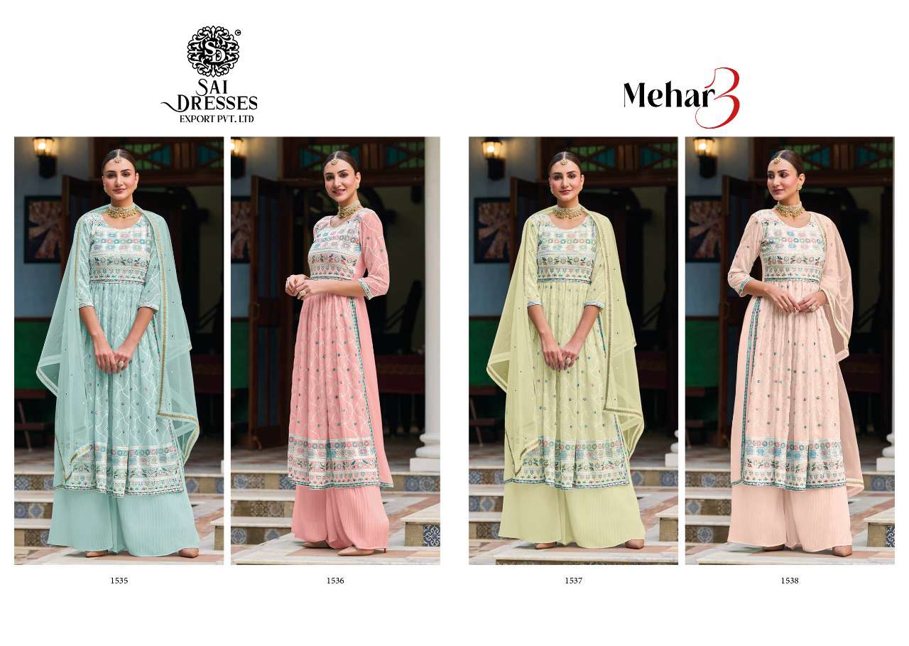 SAI DRESSES PRESENT MEHAR VOL 3 READYMADE PLAZO STYLE NAIRA CUT DESIGNER 3 PIECE CONCEPT IN WHOLESALE RATE IN SURAT 