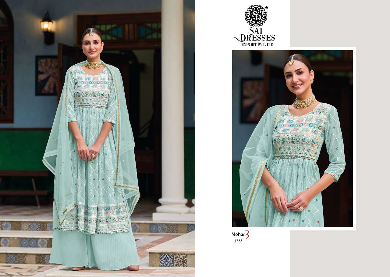 SAI DRESSES PRESENT MEHAR VOL 3 READYMADE PLAZO STYLE NAIRA CUT DESIGNER 3 PIECE CONCEPT IN WHOLESALE RATE IN SURAT 