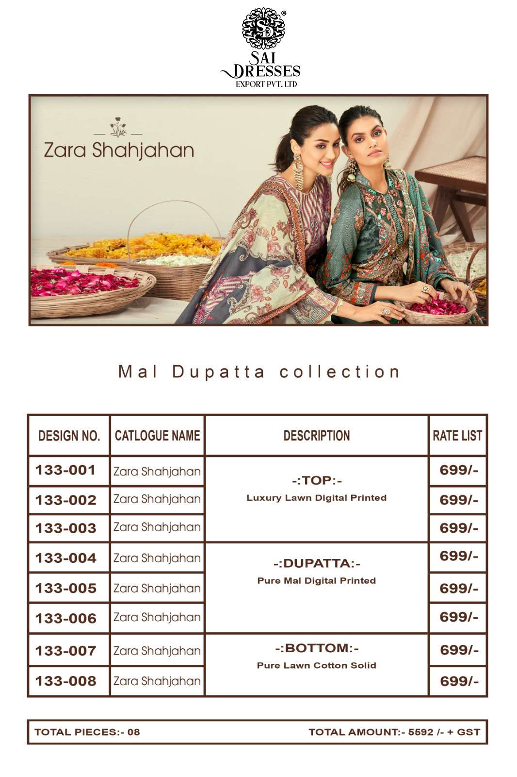 SAI DRESSES PRESENT ZARA SHAHJHAN LUXURY LAWN COTTON DIGITAL PRINTED SALWAR SUITS IN WHOLESALE RATE IN SURAT