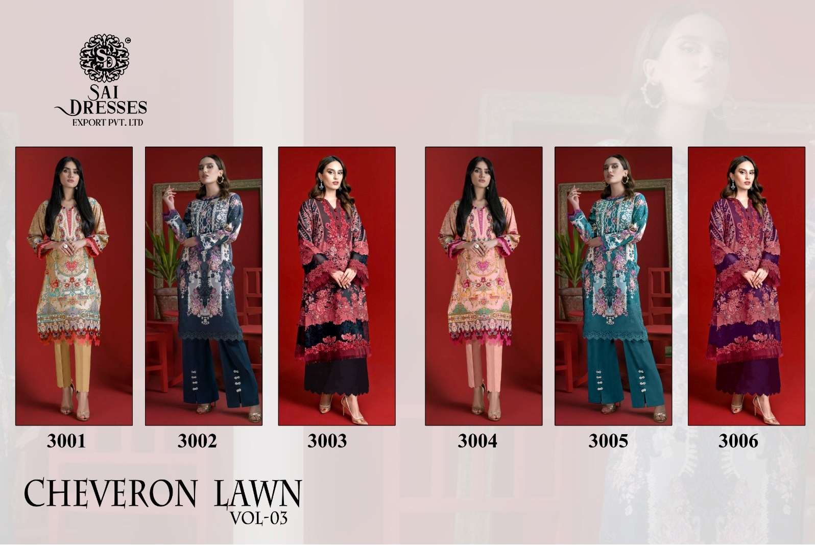 SAI DRESSES PRESENT CHEVERON LAWN VOL 3 PURE COTTON WITH PATCH EMBROIDERED PAKISTANI SUMMER COLLECTION IN WHOLESALE RATE IN SURAT