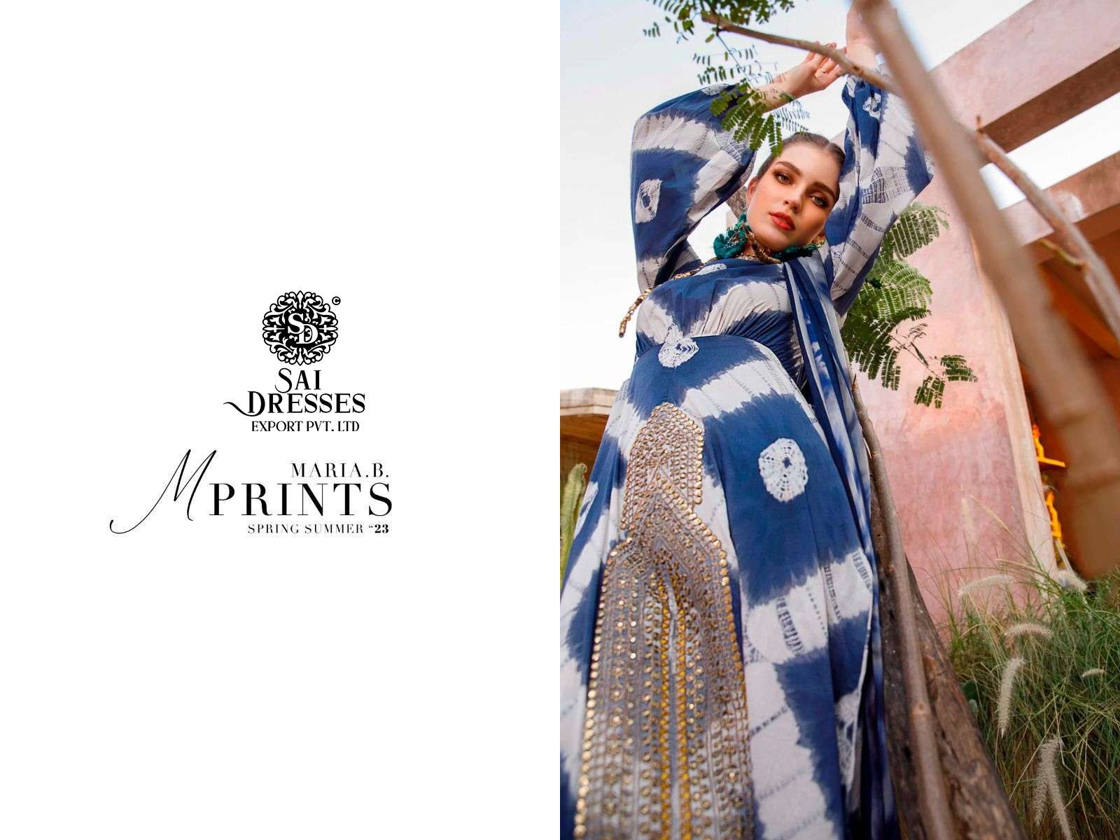 SAI DRESSES PRESENT MARIA B M PRINTS SPRING SUMMER 23 PURE COTTON PATCH EMBROIDERED PAKISTANI DESIGNER SUITS IN WHOLESALE RATE IN SURAT