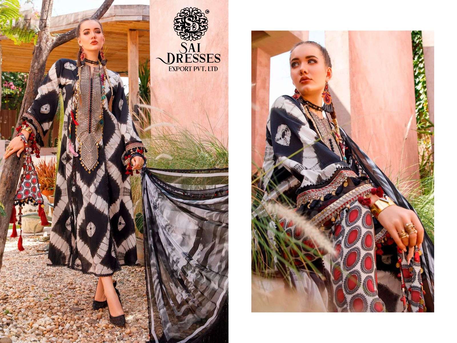 SAI DRESSES PRESENT MARIA B M PRINTS SPRING SUMMER 23 PURE COTTON PATCH EMBROIDERED PAKISTANI DESIGNER SUITS IN WHOLESALE RATE IN SURAT