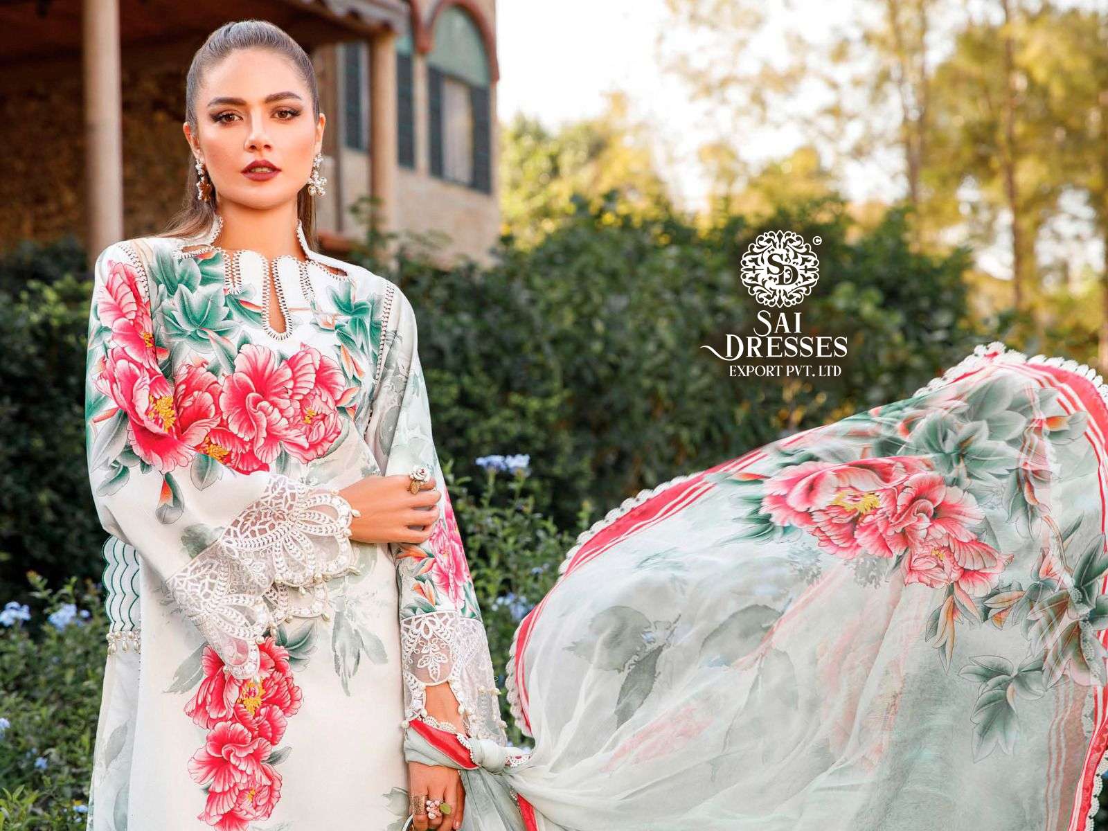 SAI DRESSES PRESENT MARIA B M PRINTS SPRING SUMMER 23 PURE COTTON PATCH EMBROIDERED PAKISTANI DESIGNER SUITS IN WHOLESALE RATE IN SURAT