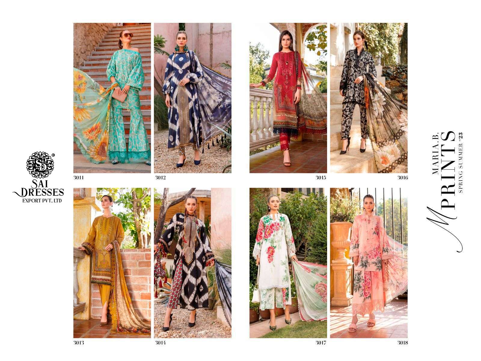 SAI DRESSES PRESENT MARIA B M PRINTS SPRING SUMMER 23 PURE COTTON PATCH EMBROIDERED PAKISTANI DESIGNER SUITS IN WHOLESALE RATE IN SURAT