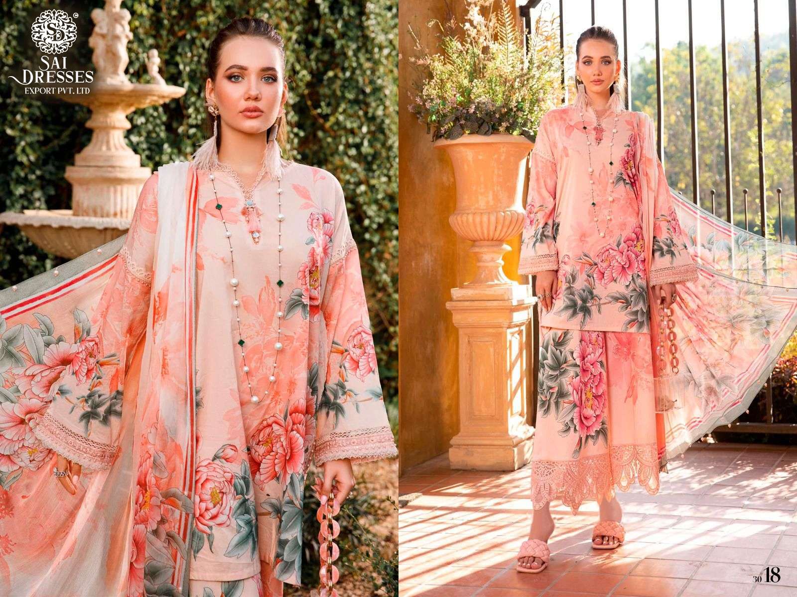 SAI DRESSES PRESENT MARIA B M PRINTS SPRING SUMMER 23 PURE COTTON PATCH EMBROIDERED PAKISTANI DESIGNER SUITS IN WHOLESALE RATE IN SURAT