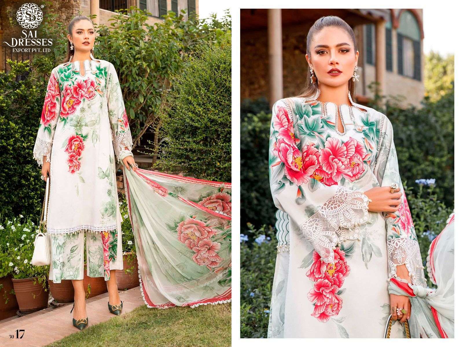 SAI DRESSES PRESENT MARIA B M PRINTS SPRING SUMMER 23 PURE COTTON PATCH EMBROIDERED PAKISTANI DESIGNER SUITS IN WHOLESALE RATE IN SURAT