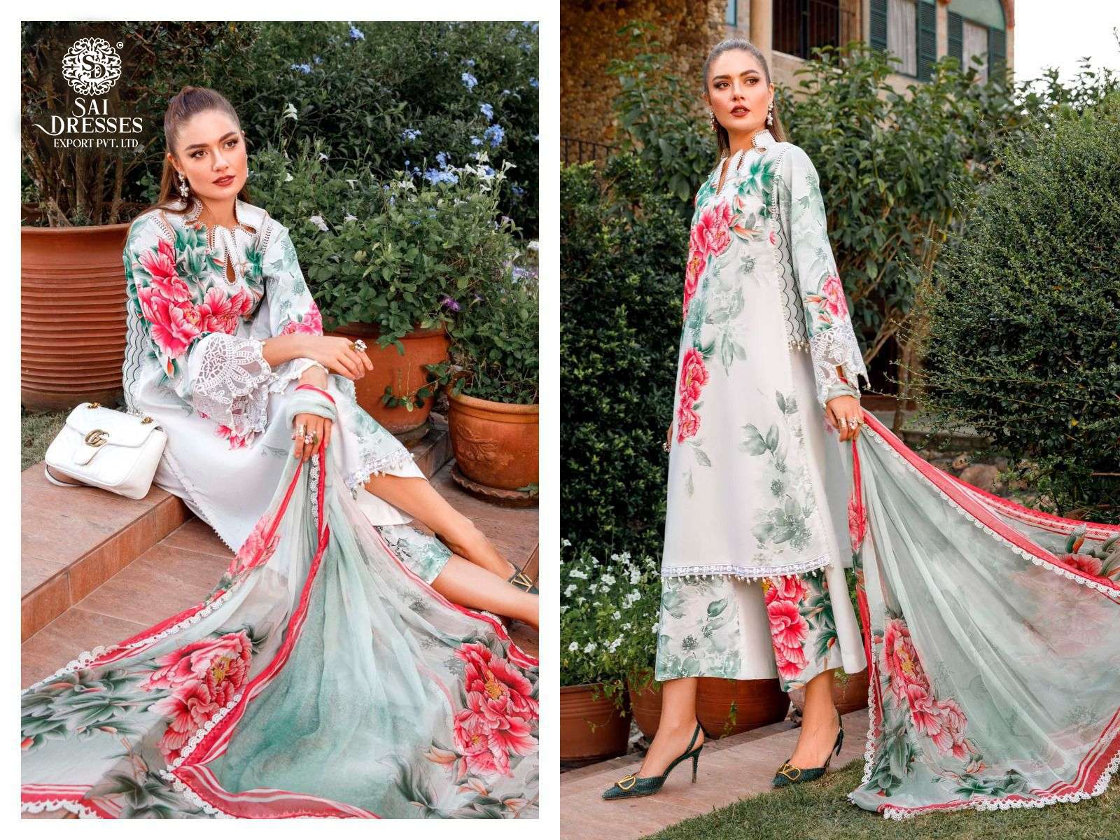 SAI DRESSES PRESENT MARIA B M PRINTS SPRING SUMMER 23 PURE COTTON PATCH EMBROIDERED PAKISTANI DESIGNER SUITS IN WHOLESALE RATE IN SURAT