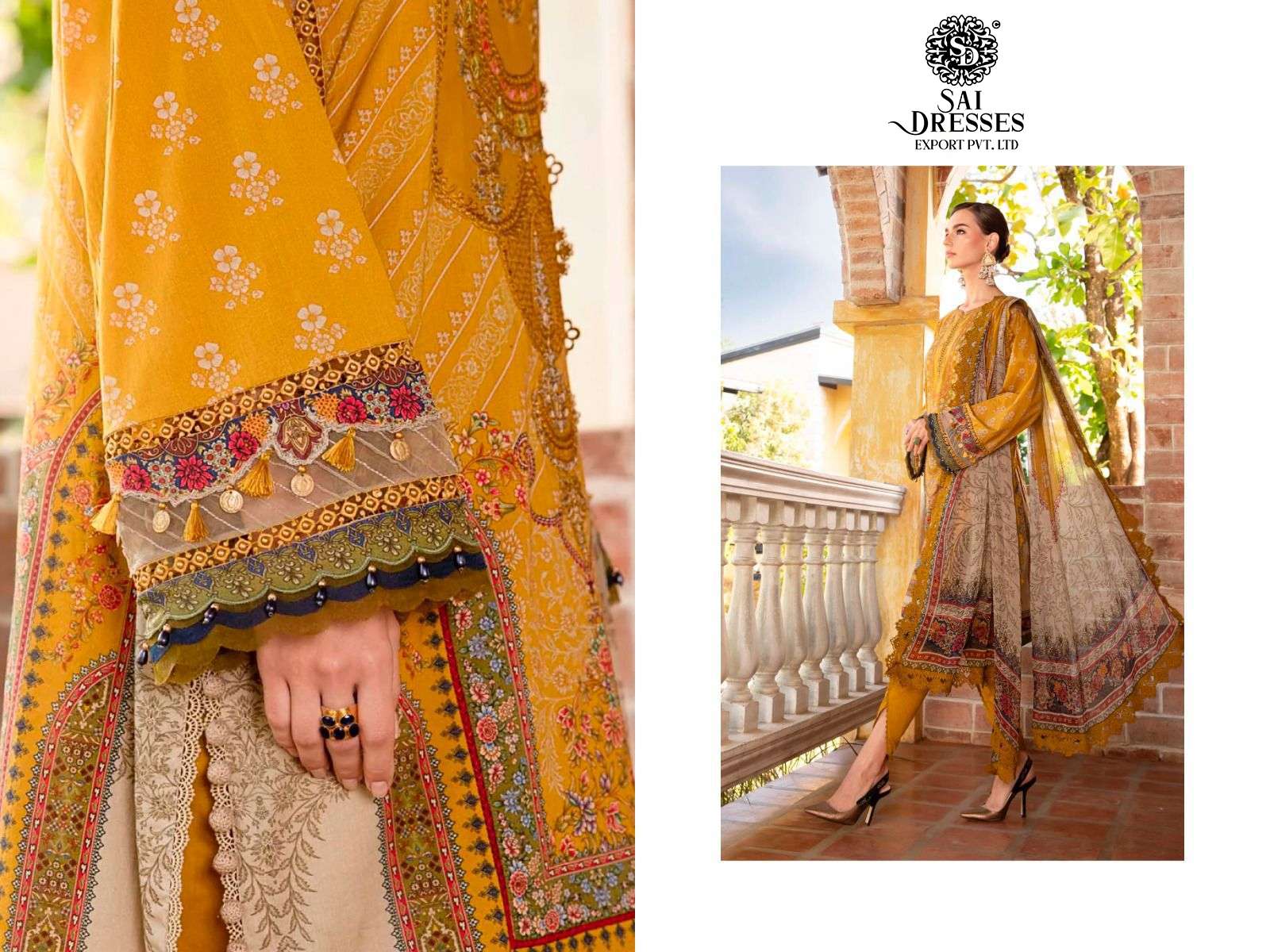SAI DRESSES PRESENT MARIA B M PRINTS SPRING SUMMER 23 PURE COTTON PATCH EMBROIDERED PAKISTANI DESIGNER SUITS IN WHOLESALE RATE IN SURAT