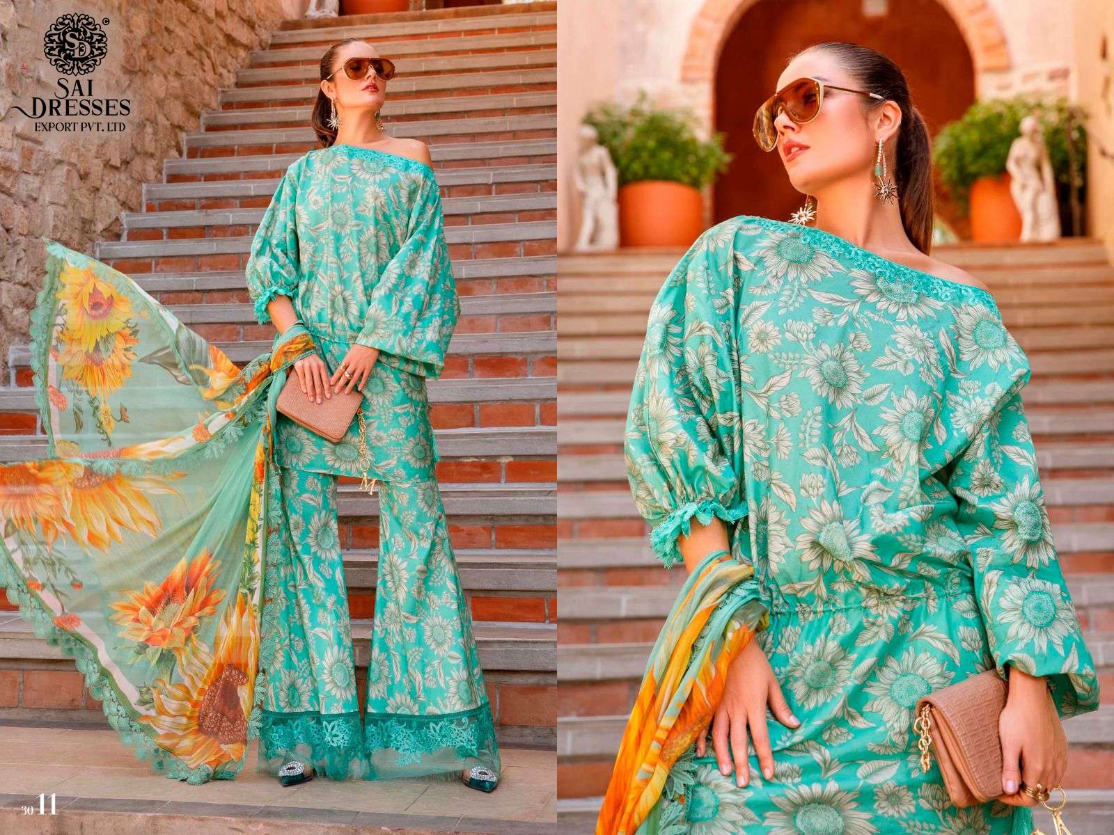 SAI DRESSES PRESENT MARIA B M PRINTS SPRING SUMMER 23 PURE COTTON PATCH EMBROIDERED PAKISTANI DESIGNER SUITS IN WHOLESALE RATE IN SURAT