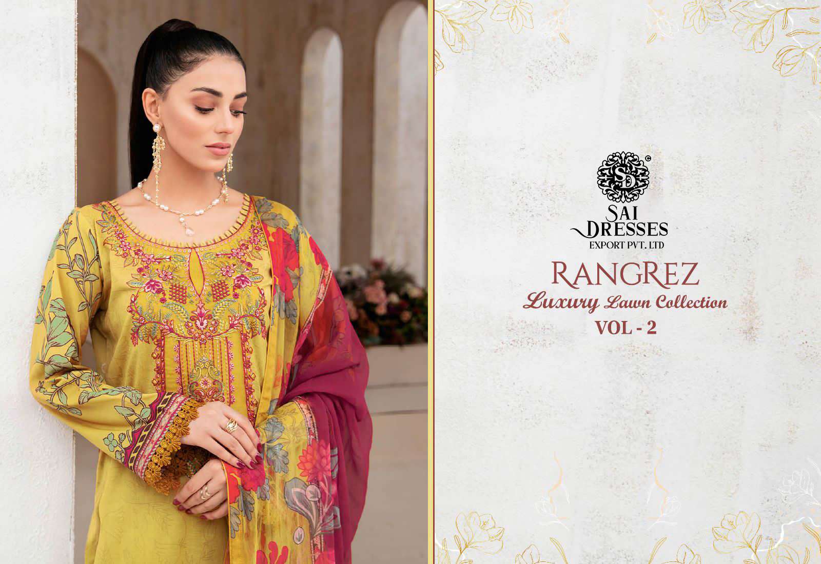 SAI DRESSES PRESENT RANGREZ LUXURY LAWN COLLECTION VOL 2 EMBROIDERED SUMMER WEAR PAKISTANI SALWAR SUITS IN WHOLESALE RATE IN SURAT