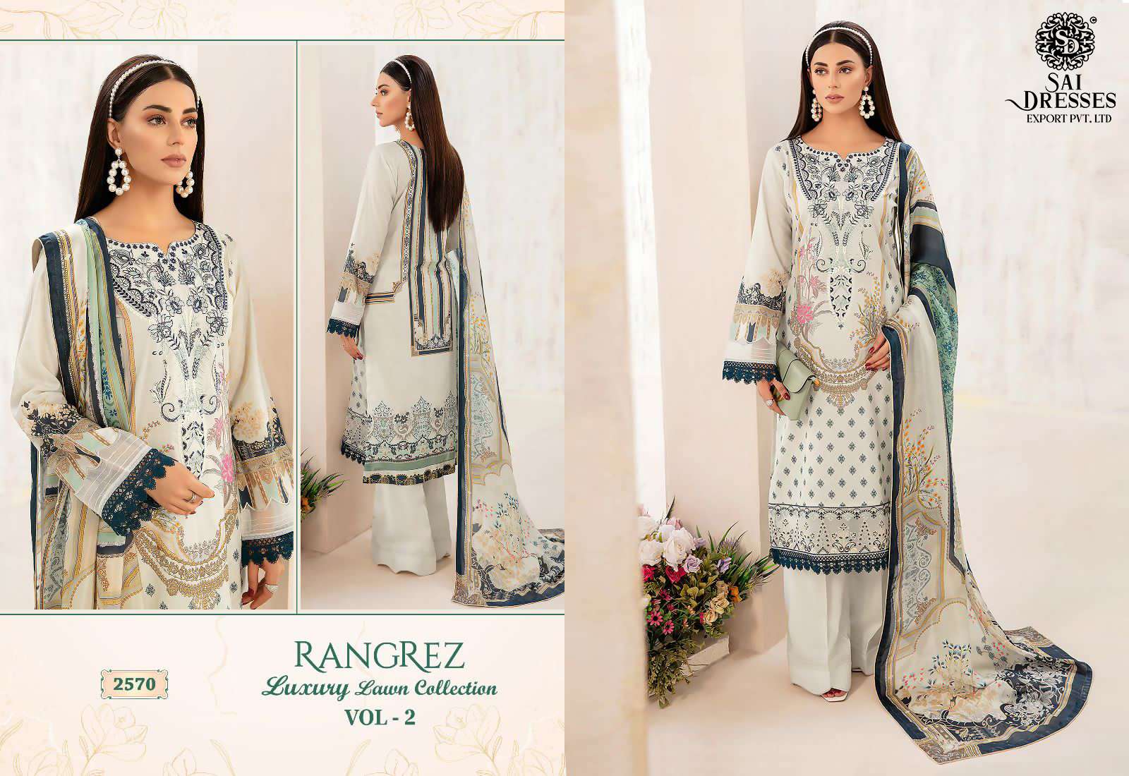 SAI DRESSES PRESENT RANGREZ LUXURY LAWN COLLECTION VOL 2 EMBROIDERED SUMMER WEAR PAKISTANI SALWAR SUITS IN WHOLESALE RATE IN SURAT