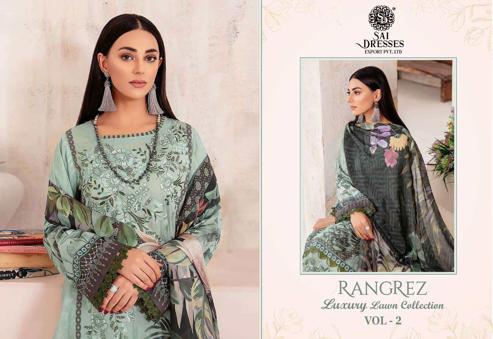 SAI DRESSES PRESENT RANGREZ LUXURY LAWN COLLECTION VOL 2 EMBROIDERED SUMMER WEAR PAKISTANI SALWAR SUITS IN WHOLESALE RATE IN SURAT