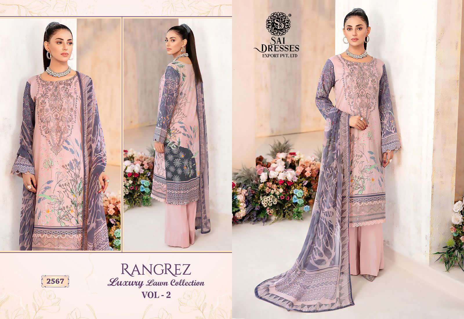 SAI DRESSES PRESENT RANGREZ LUXURY LAWN COLLECTION VOL 2 EMBROIDERED SUMMER WEAR PAKISTANI SALWAR SUITS IN WHOLESALE RATE IN SURAT