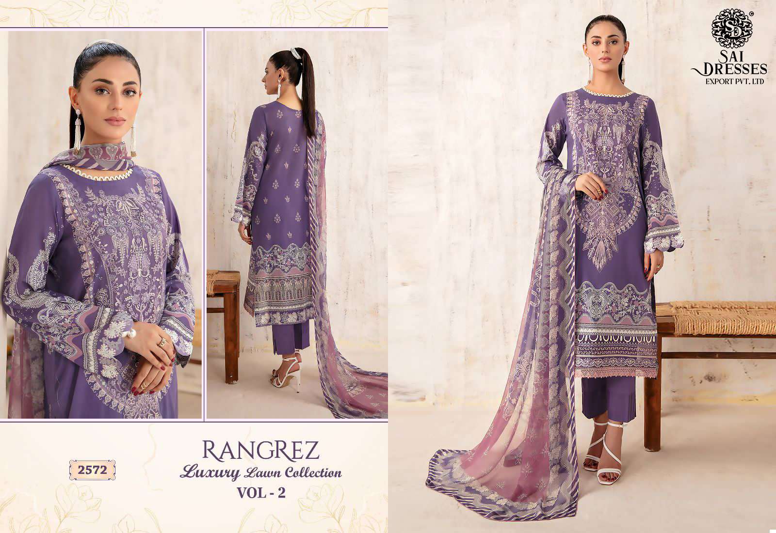SAI DRESSES PRESENT RANGREZ LUXURY LAWN COLLECTION VOL 2 EMBROIDERED SUMMER WEAR PAKISTANI SALWAR SUITS IN WHOLESALE RATE IN SURAT