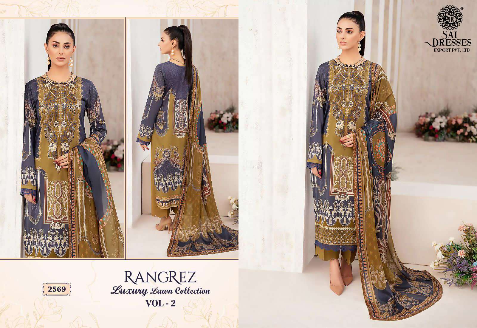 SAI DRESSES PRESENT RANGREZ LUXURY LAWN COLLECTION VOL 2 EMBROIDERED SUMMER WEAR PAKISTANI SALWAR SUITS IN WHOLESALE RATE IN SURAT