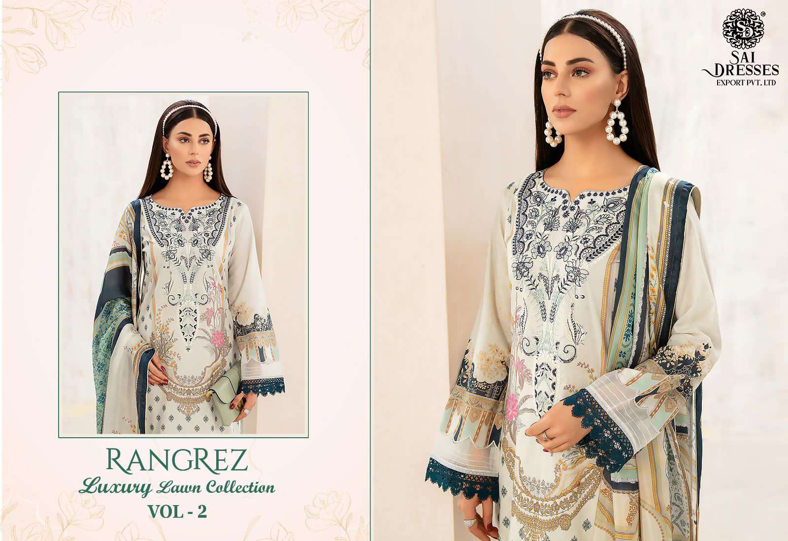 SAI DRESSES PRESENT RANGREZ LUXURY LAWN COLLECTION VOL 2 EMBROIDERED SUMMER WEAR PAKISTANI SALWAR SUITS IN WHOLESALE RATE IN SURAT