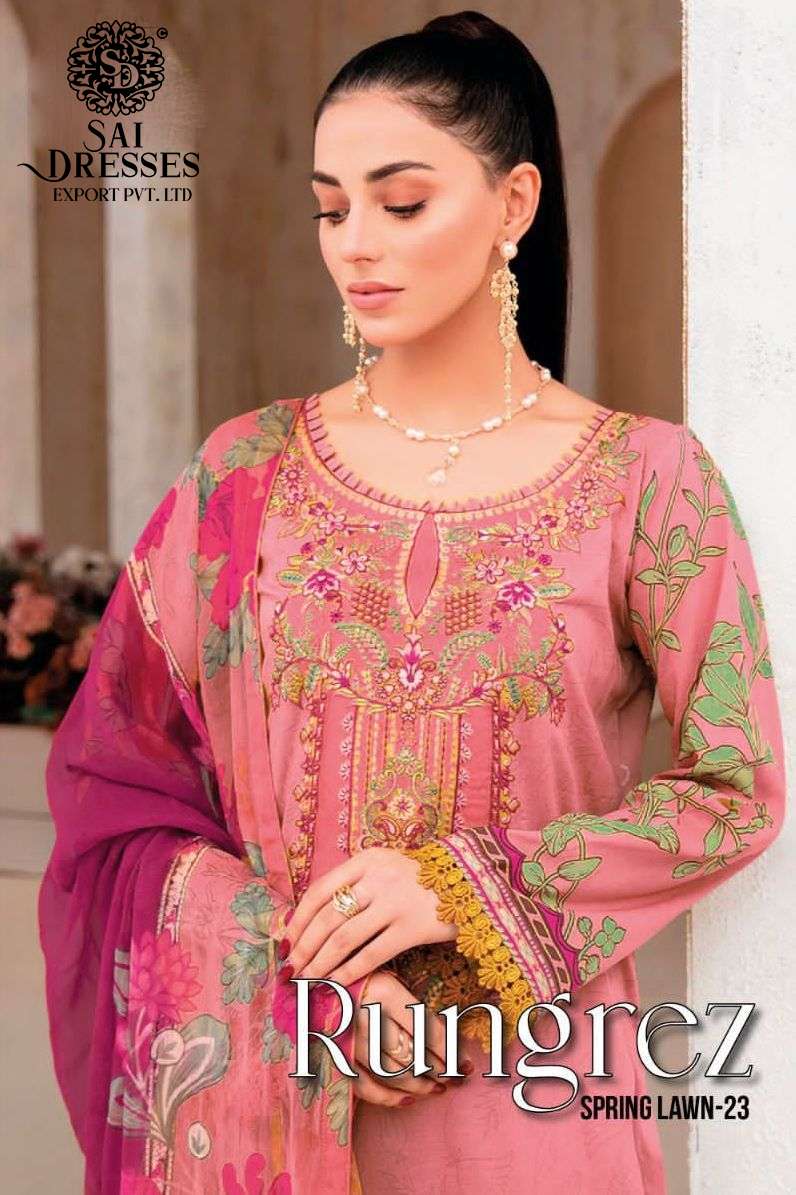 SAI DRESSES PRESENT RUNGREZ SPRING LAWN 23 PURE COTTON EMBROIDERED PAKISTANI SUMMER COLLECTION IN WHOLESALE RATE IN SURAT