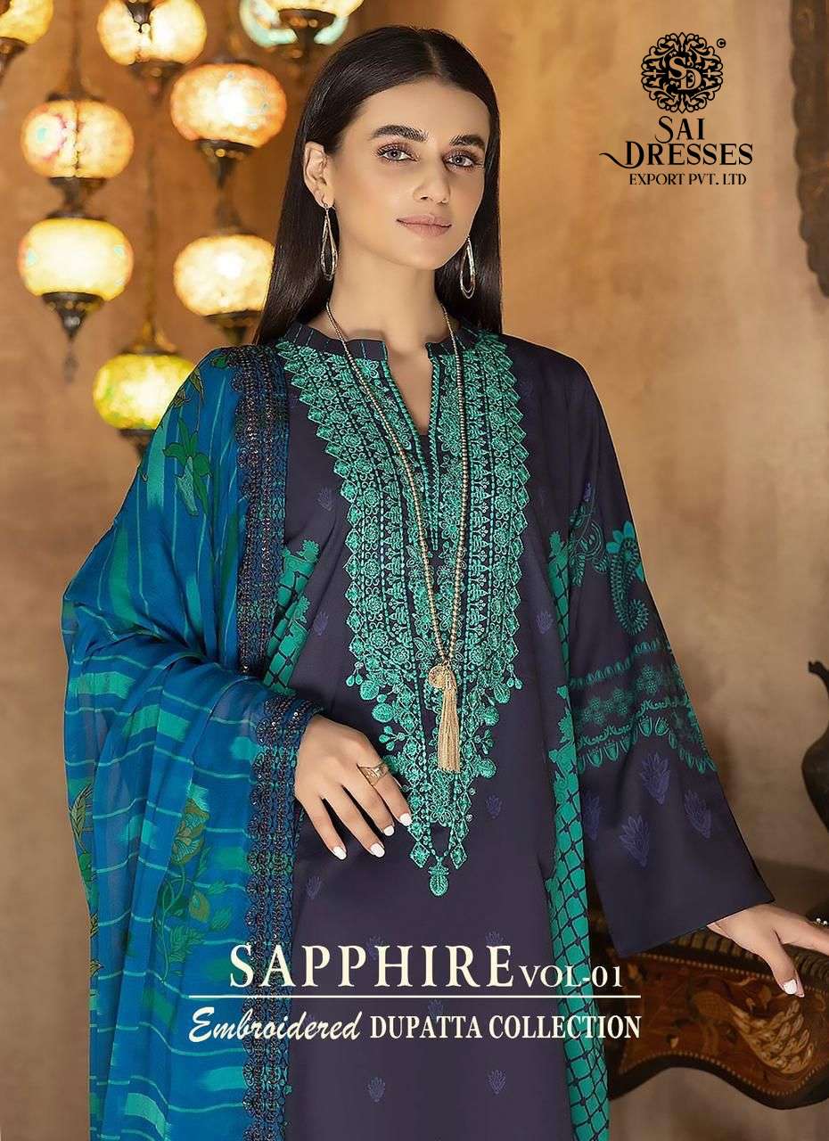 SAI DRESSES PRESENT SAPPHIRE VOL 1 PURE COTTON SELF EMBROIDERED PAKISTANI DESIGNER SUITS IN WHOLESALE RATE IN SURAT