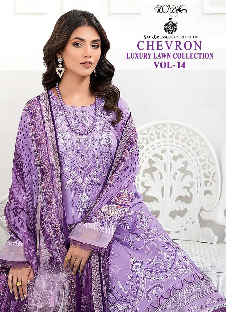 SAI DRESSES PRESENT CHEVRON LUXURY LAWN COLLECTION VOL 14 SUMMER WEAR COTTON SELF EMBROIDERED PAKISTANI DESIGNER SUITS IN WHOLESALE RATE IN SURAT