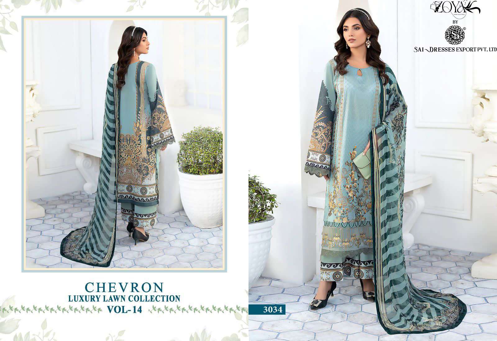 SAI DRESSES PRESENT CHEVRON LUXURY LAWN COLLECTION VOL 14 SUMMER WEAR COTTON SELF EMBROIDERED PAKISTANI DESIGNER SUITS IN WHOLESALE RATE IN SURAT