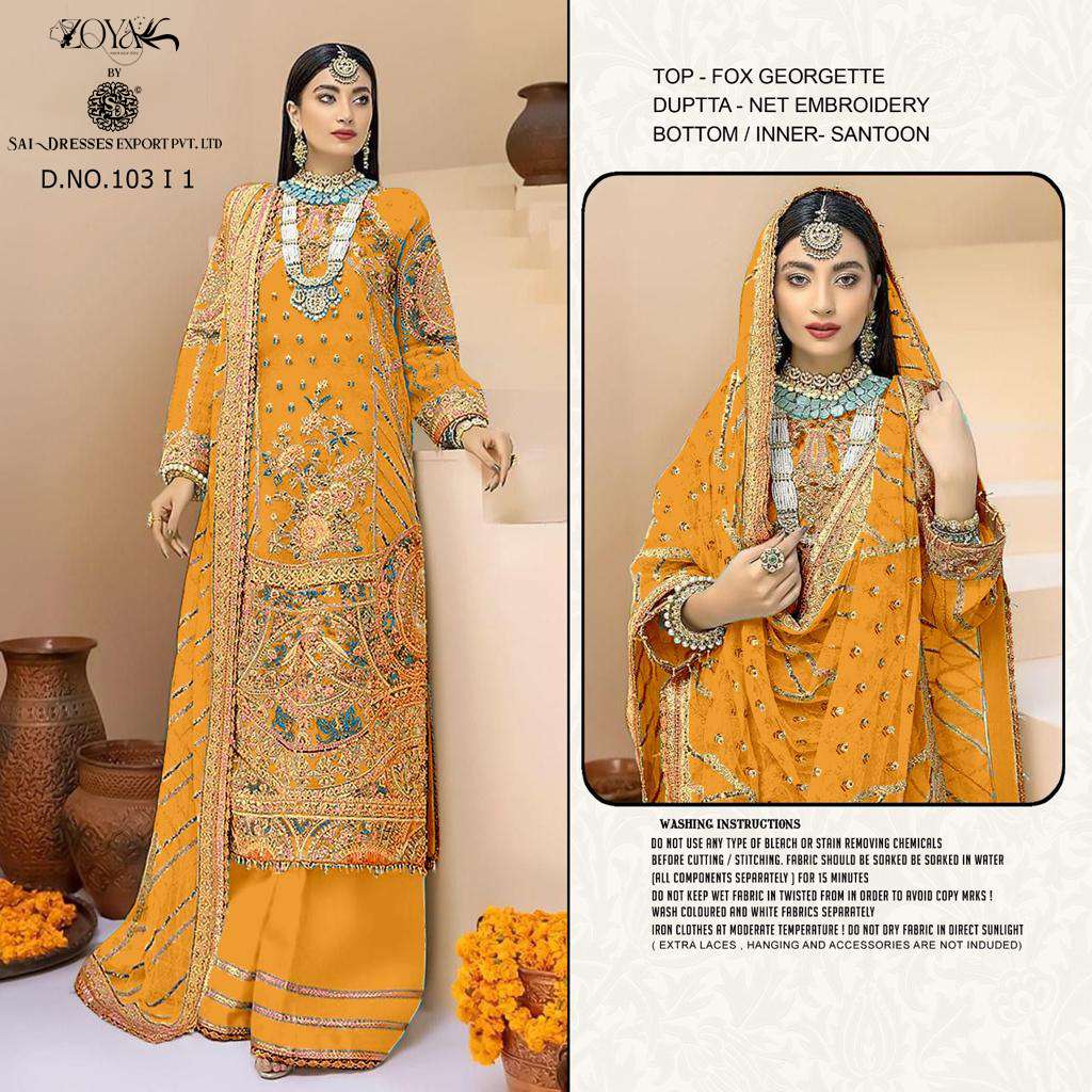 SAI DRESSES PRESENT D.NO 103 I1 TO 103 L1 PARTY WEAR SEMI STITCHED PAKISTANI DESIGNER SUITS IN WHOLESALE RATE IN SURAT