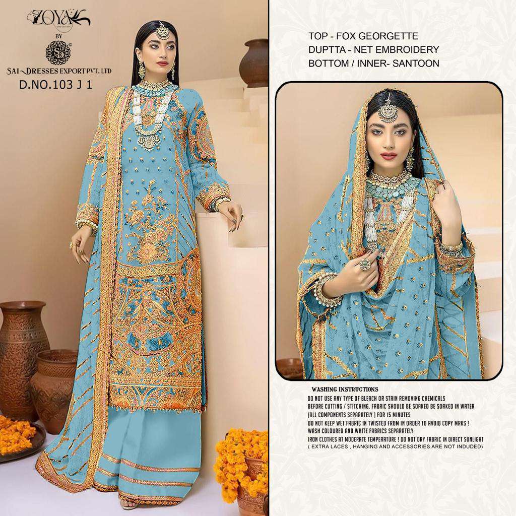SAI DRESSES PRESENT D.NO 103 I1 TO 103 L1 PARTY WEAR SEMI STITCHED PAKISTANI DESIGNER SUITS IN WHOLESALE RATE IN SURAT