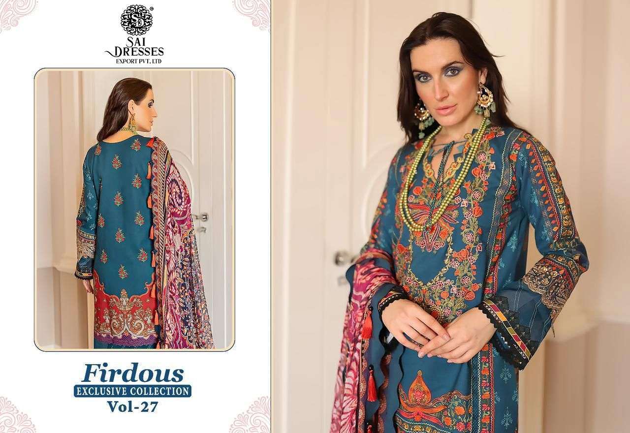 SAI DRESSES PRESENT FIRDOUS EXCLUSIVE COLLECTION VOL 27 PURE COTTON DESIGNER PAKISTANI SUMMER COLLECTION IN WHOLESALE RATE IN SURAT