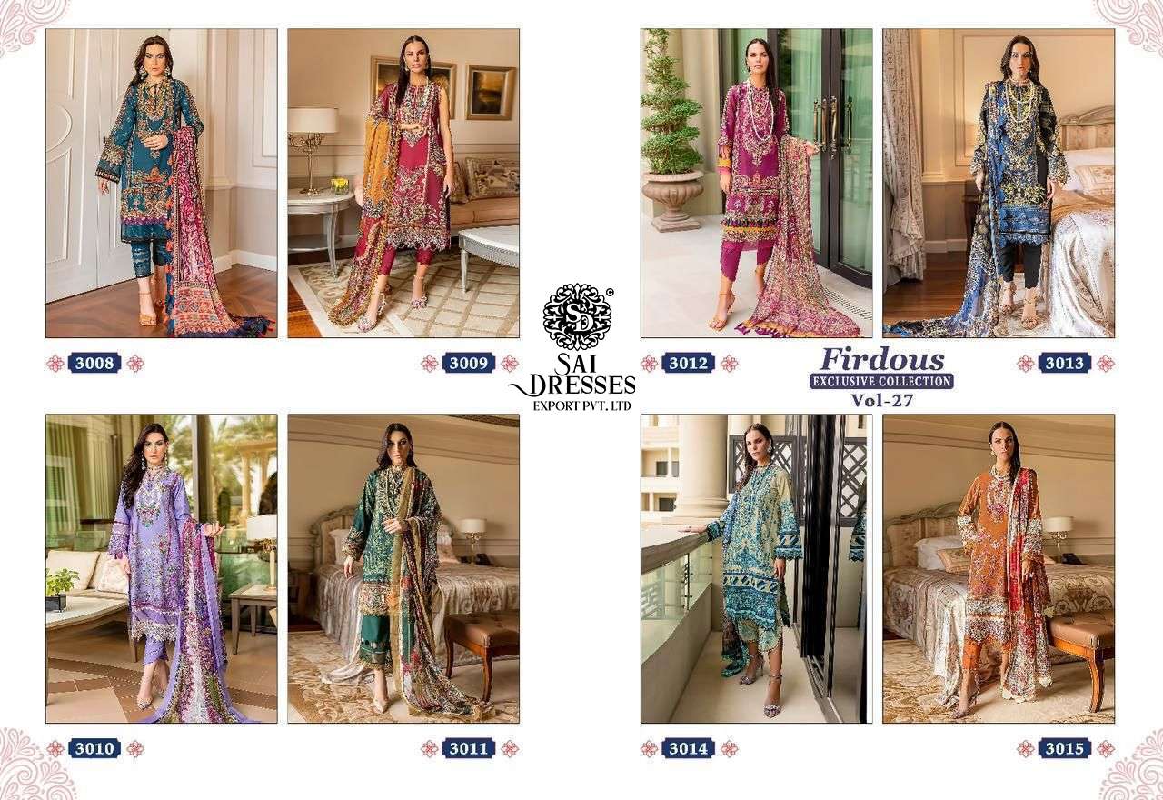 SAI DRESSES PRESENT FIRDOUS EXCLUSIVE COLLECTION VOL 27 PURE COTTON DESIGNER PAKISTANI SUMMER COLLECTION IN WHOLESALE RATE IN SURAT
