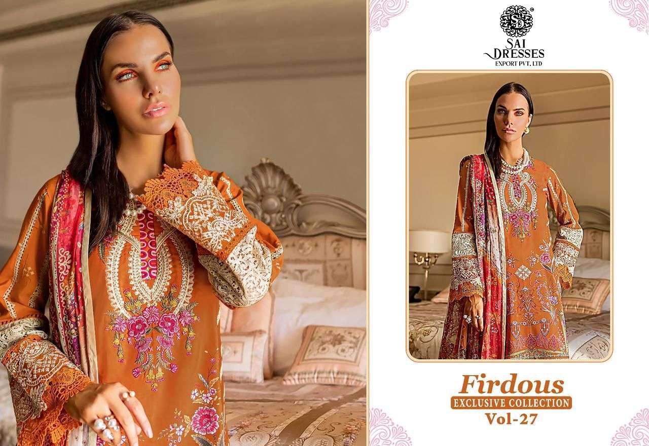 SAI DRESSES PRESENT FIRDOUS EXCLUSIVE COLLECTION VOL 27 PURE COTTON DESIGNER PAKISTANI SUMMER COLLECTION IN WHOLESALE RATE IN SURAT