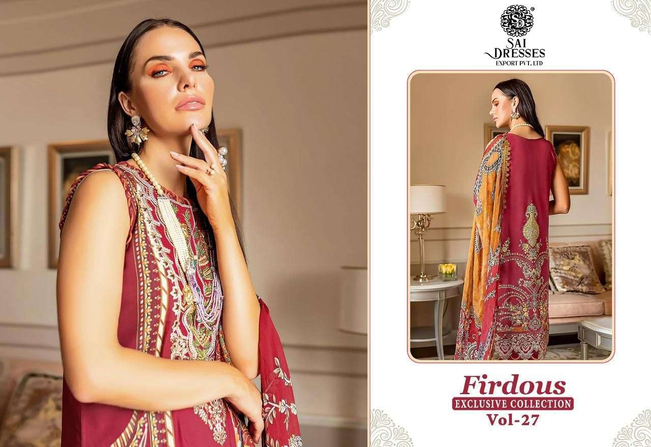 SAI DRESSES PRESENT FIRDOUS EXCLUSIVE COLLECTION VOL 27 PURE COTTON DESIGNER PAKISTANI SUMMER COLLECTION IN WHOLESALE RATE IN SURAT