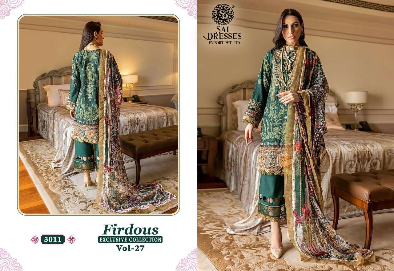 SAI DRESSES PRESENT FIRDOUS EXCLUSIVE COLLECTION VOL 27 PURE COTTON DESIGNER PAKISTANI SUMMER COLLECTION IN WHOLESALE RATE IN SURAT