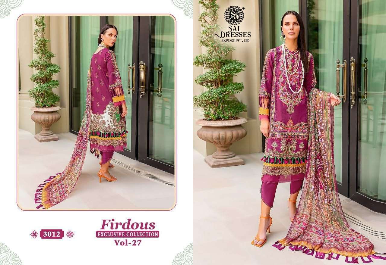 SAI DRESSES PRESENT FIRDOUS EXCLUSIVE COLLECTION VOL 27 PURE COTTON DESIGNER PAKISTANI SUMMER COLLECTION IN WHOLESALE RATE IN SURAT