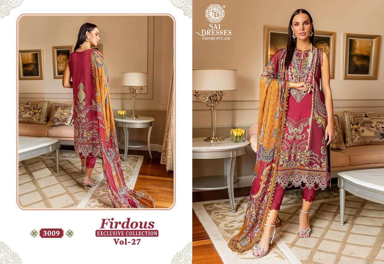 SAI DRESSES PRESENT FIRDOUS EXCLUSIVE COLLECTION VOL 27 PURE COTTON DESIGNER PAKISTANI SUMMER COLLECTION IN WHOLESALE RATE IN SURAT