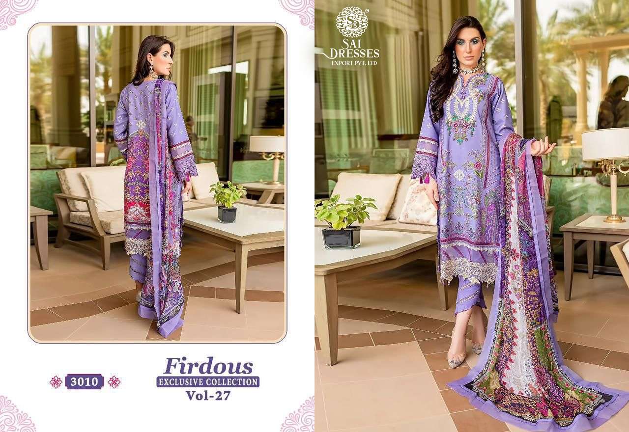 SAI DRESSES PRESENT FIRDOUS EXCLUSIVE COLLECTION VOL 27 PURE COTTON DESIGNER PAKISTANI SUMMER COLLECTION IN WHOLESALE RATE IN SURAT