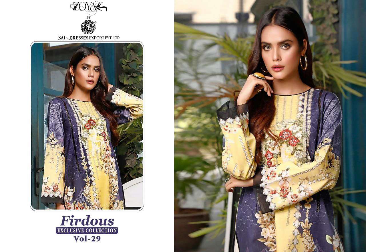 SAI DRESSES PRESENT FIRDOUS EXCLUSIVE COLLECTION VOL 29 SUMMER WEAR PURE COTTON PAKISTANI SALWAR SUITS IN WHOLESALE RATE IN SURAT
