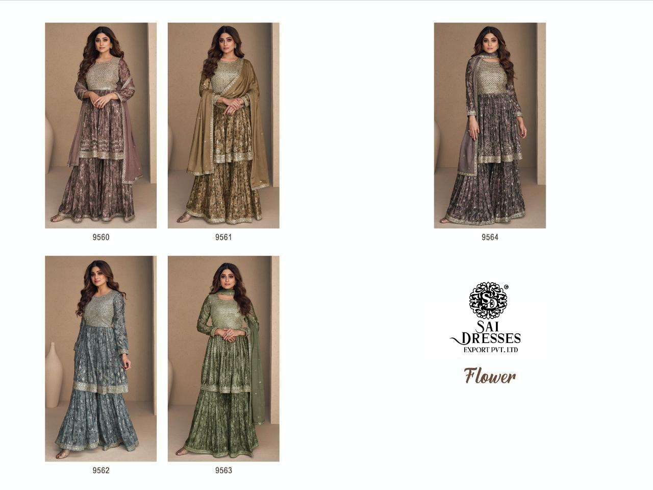 SAI DRESSES PRESENT FLOWER READYMADE SHARARA STYLE DESIGNER SUITS IN WHOLESALE RATE IN SURAT