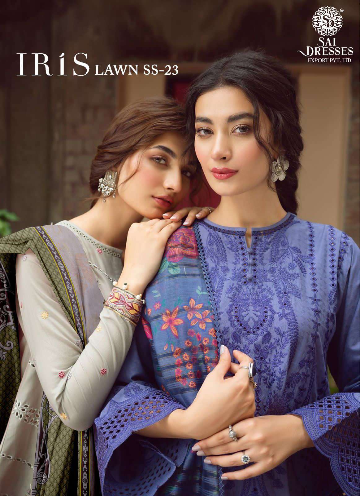SAI DRESSES PRESENT IRIS LAWN SS 23 SUMMER WEAR PURE COTTON SELF EMBROIDERED PAKISTANI DESIGNER SUITS IN WHOLESALE RATE IN SURAT 