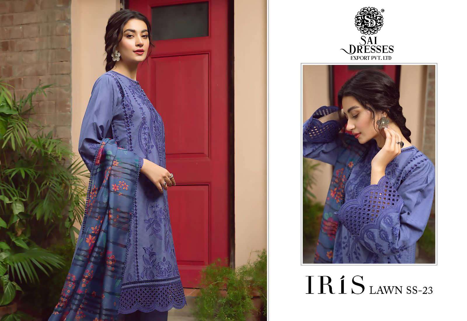 SAI DRESSES PRESENT IRIS LAWN SS 23 SUMMER WEAR PURE COTTON SELF EMBROIDERED PAKISTANI DESIGNER SUITS IN WHOLESALE RATE IN SURAT 