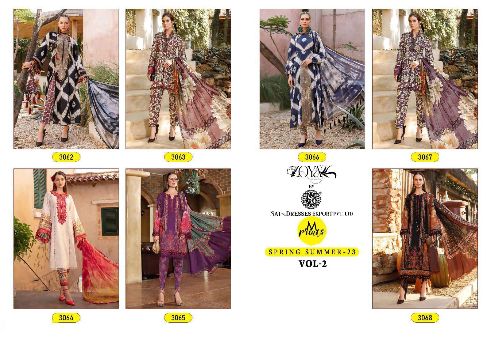 SAI DRESSES PRESENT M PRINTS SPRING SUMMER 23 VOL 2 PURE COTTON PATCH EMBROIDERED PAKISTANI DESIGNER SUITS IN WHOLESALE RATE IN SURAT