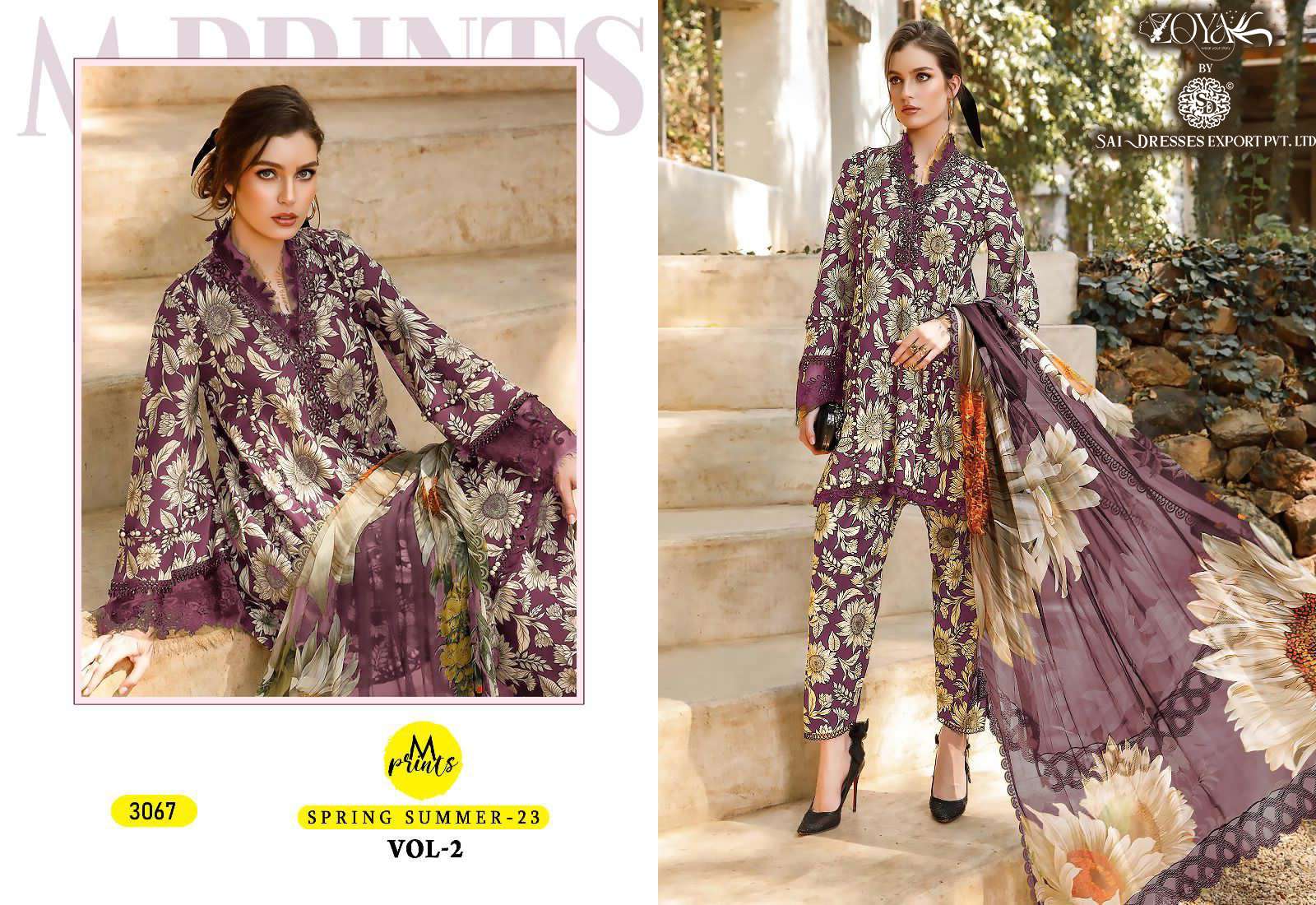 SAI DRESSES PRESENT M PRINTS SPRING SUMMER 23 VOL 2 PURE COTTON PATCH EMBROIDERED PAKISTANI DESIGNER SUITS IN WHOLESALE RATE IN SURAT