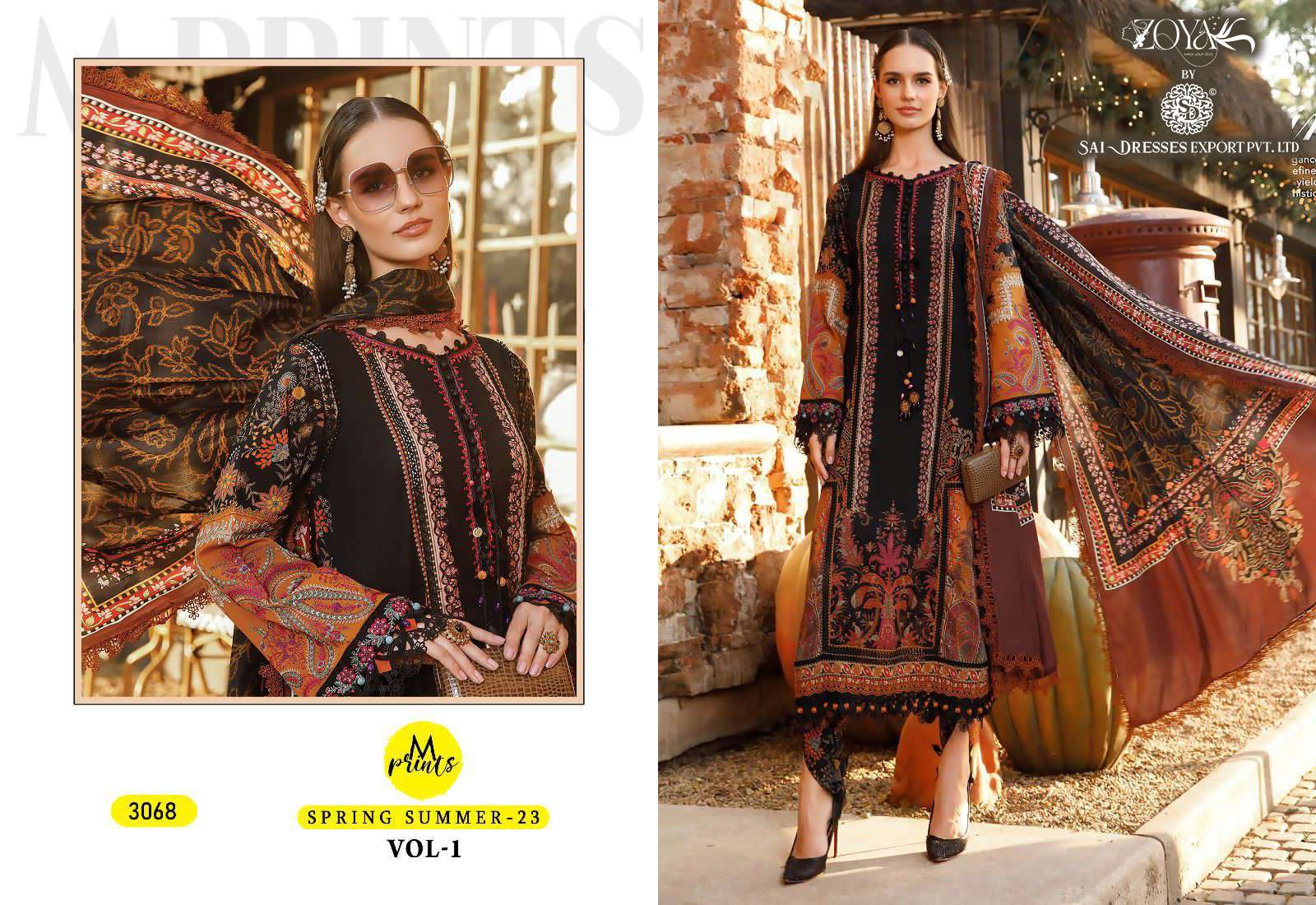 SAI DRESSES PRESENT M PRINTS SPRING SUMMER 23 VOL 2 PURE COTTON PATCH EMBROIDERED PAKISTANI DESIGNER SUITS IN WHOLESALE RATE IN SURAT