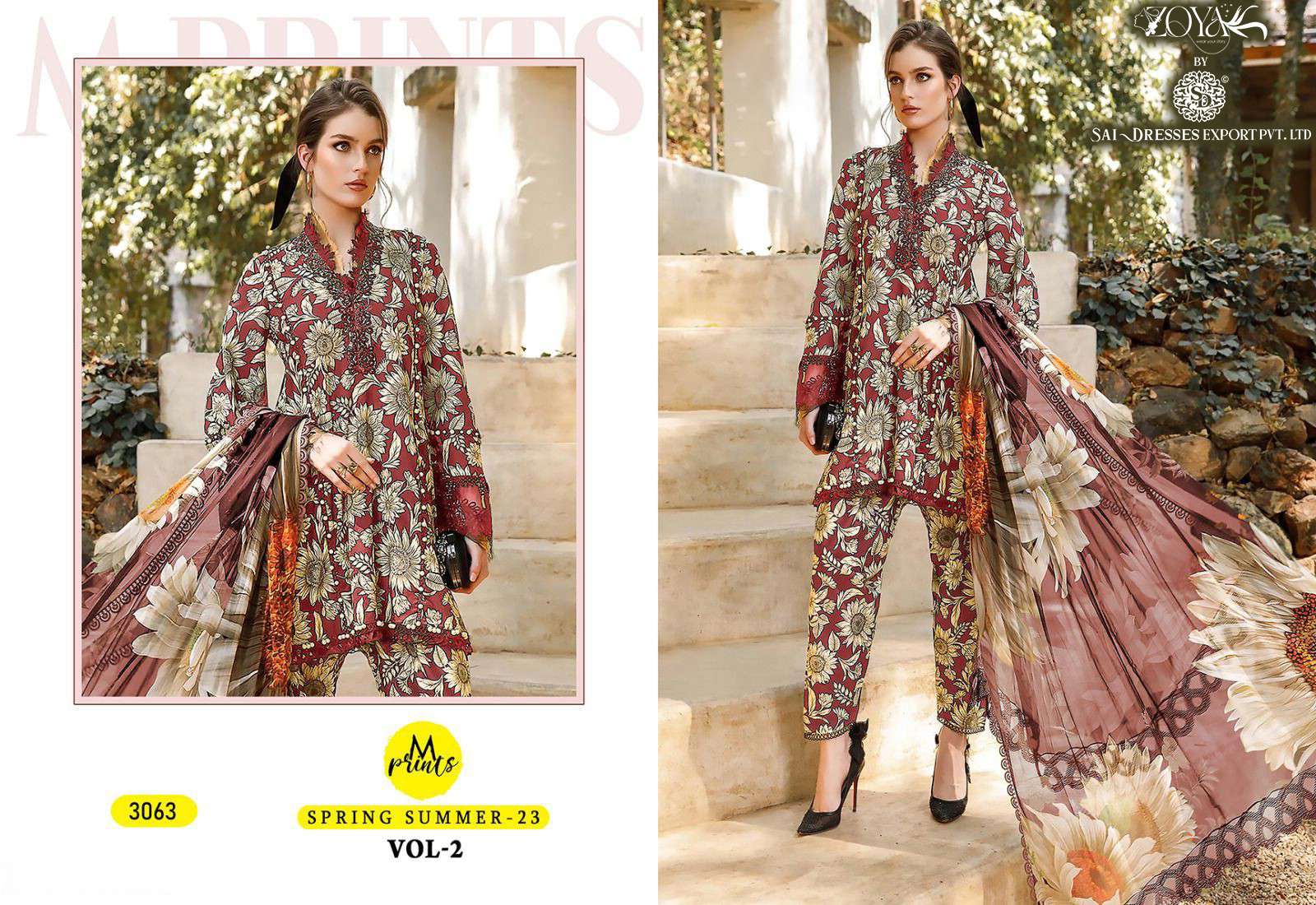 SAI DRESSES PRESENT M PRINTS SPRING SUMMER 23 VOL 2 PURE COTTON PATCH EMBROIDERED PAKISTANI DESIGNER SUITS IN WHOLESALE RATE IN SURAT