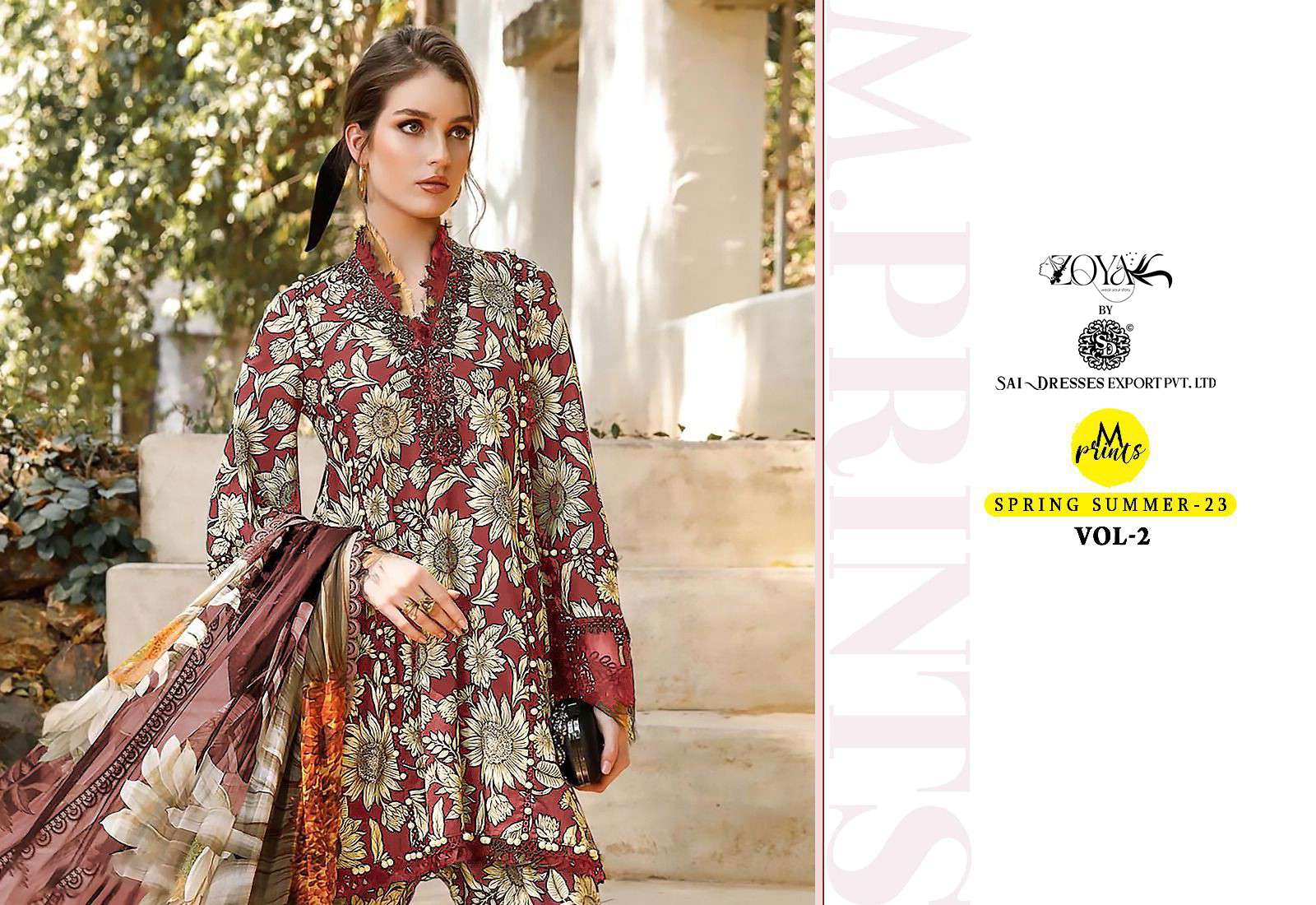 SAI DRESSES PRESENT M PRINTS SPRING SUMMER 23 VOL 2 PURE COTTON PATCH EMBROIDERED PAKISTANI DESIGNER SUITS IN WHOLESALE RATE IN SURAT